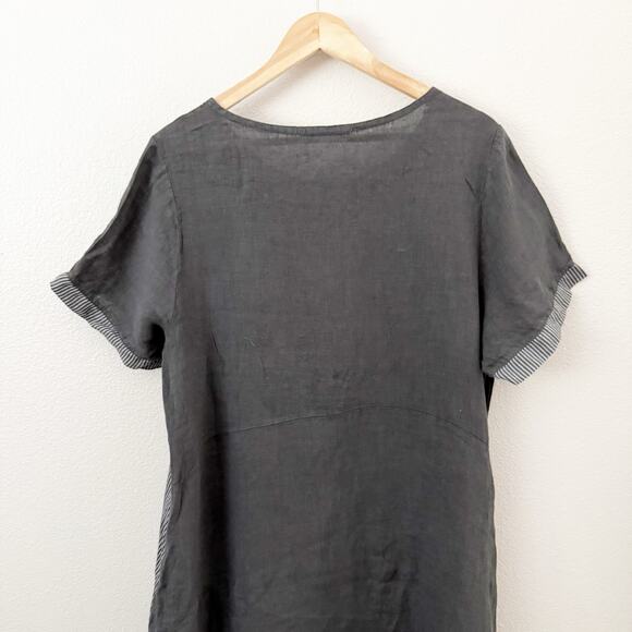 MEO MELI | Charcoal Gray Long Maxi Stripe Block Print 100% Linen Dress | Large - Picture 4 of 7